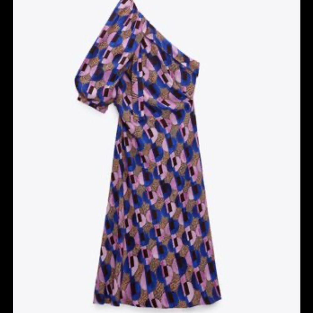 Zara Blue and Pink Asymmetrical Puff Sleeve Dress